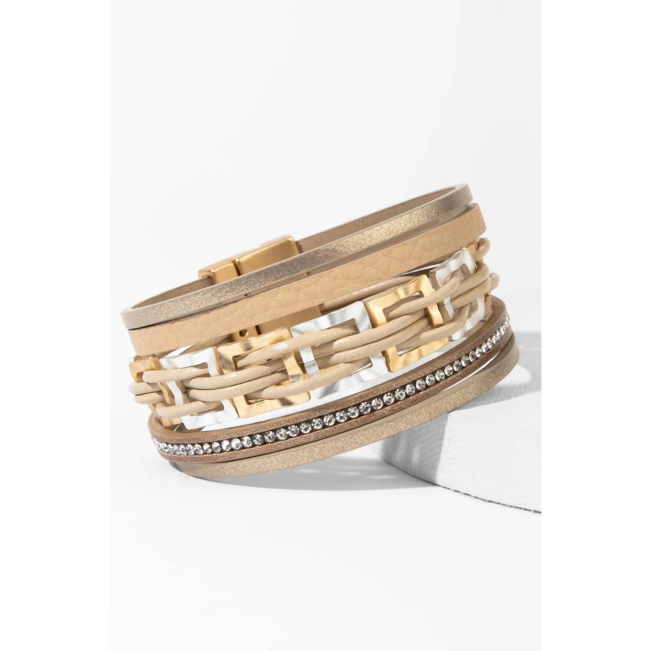 New Saachi Womens Multi Strand Square Plated Leather Bracelet In Beige 30$